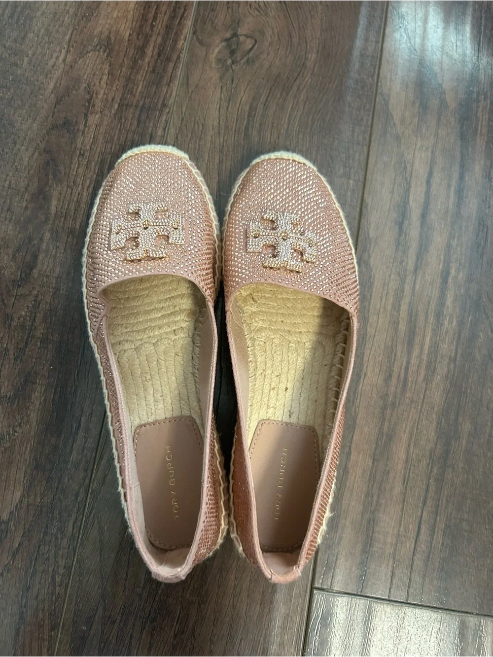Tory Burch Blush Pink Crystal Logo Espadrille Flats
